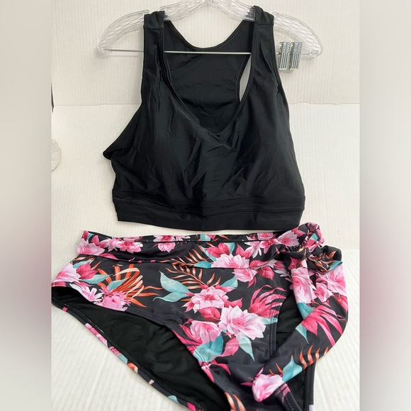 Black and Floral Two-Piece Swimsuit - Picture 1 of 6